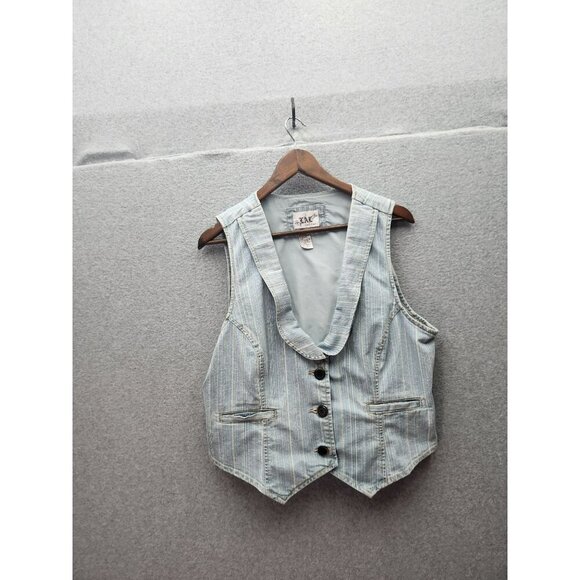 Womens Striped Button-Up Vest By Live A Little Blue & White Adjustable Back Tie - Picture 1 of 4